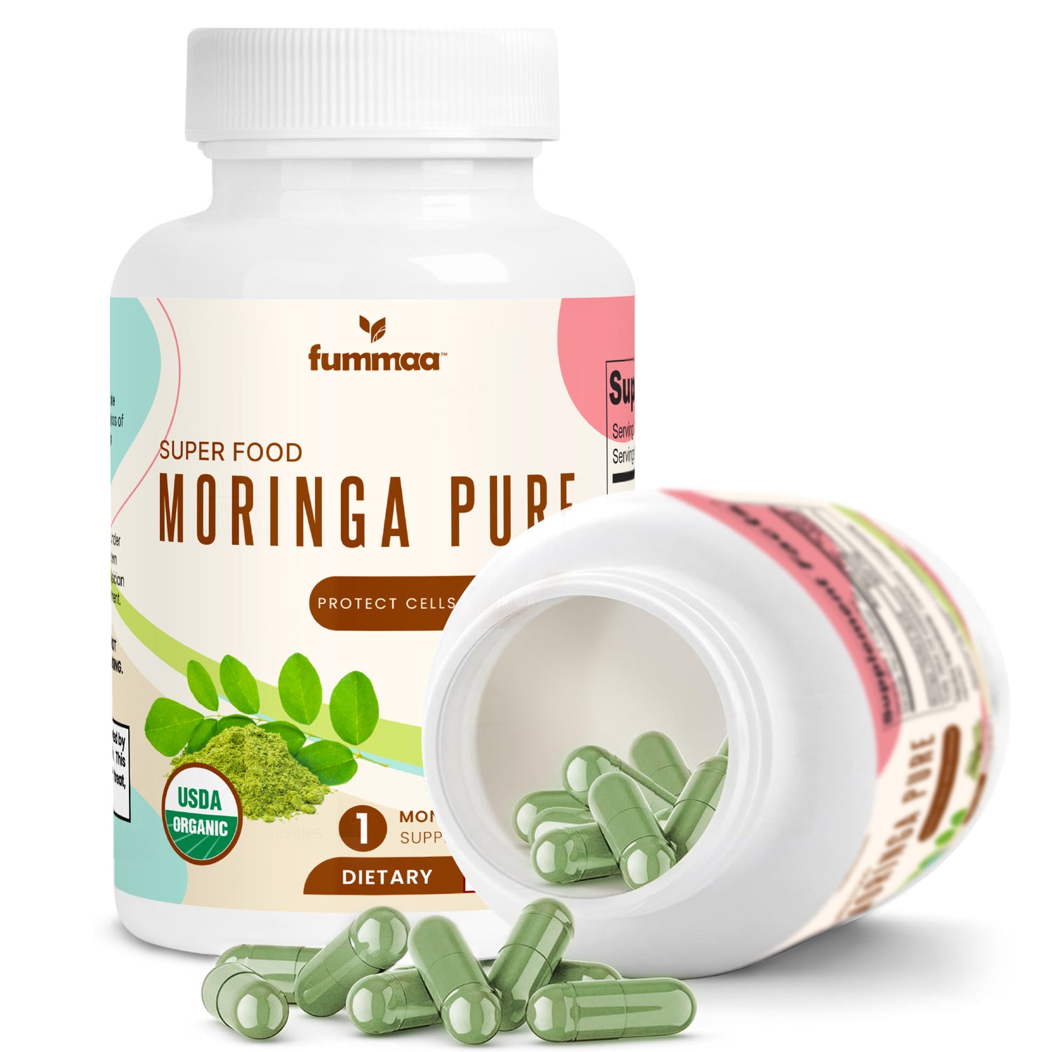 Moringa capsules in a bottle