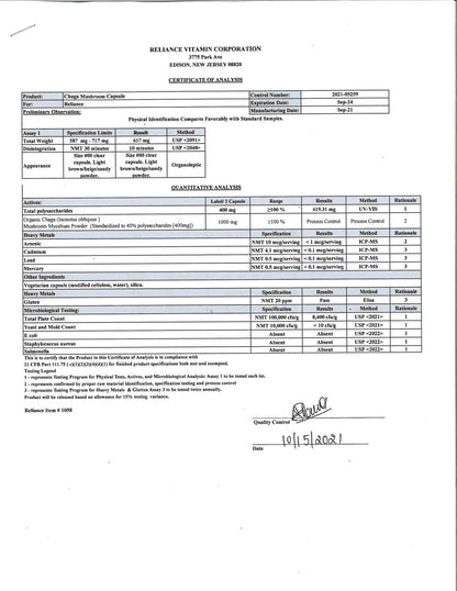 Certificate of Analysis Organic Chaga Mushroom