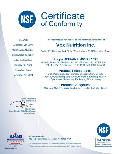 Vox Nutrition NSF Certified, GMP Compliance, Exp - Fummaa™