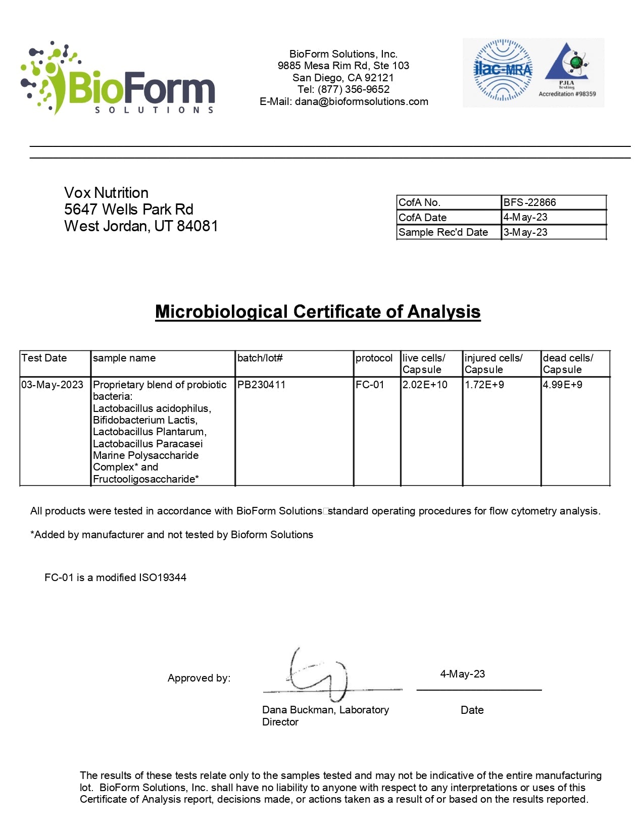  Probiotic 40 Viability Certificate of Analysis: Flow Cytometry Data - Fummaa™