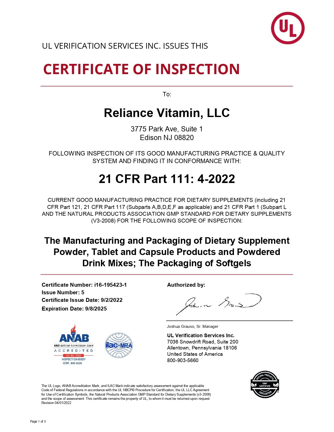 UL Certificate of Inspection: Reliance Vitamin GMP Compliance. - Fummaa™