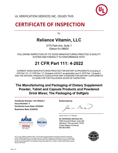 UL Certificate of Inspection: Reliance Vitamin GMP Compliance. - Fummaa™