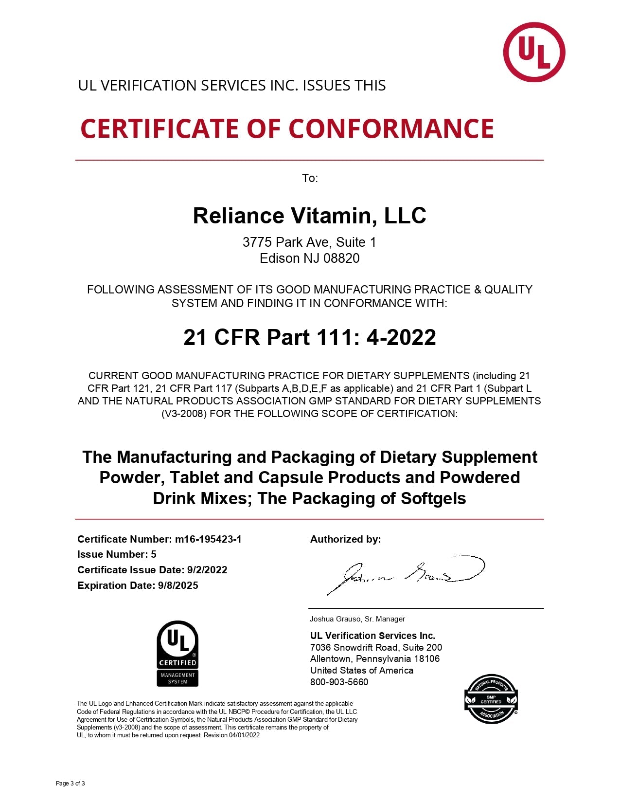 UL Certificate of Conformity for Reliance Vitamin, LLC, GMP Compliance. - Fummaa™