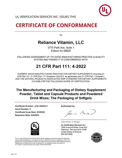 UL Certificate of Conformity for Reliance Vitamin, LLC, GMP Compliance. - Fummaa™