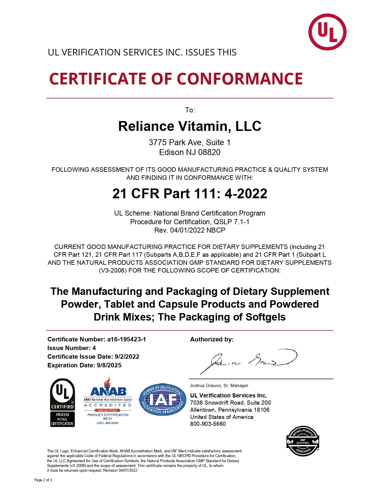  UL Certificate of Conformity: Reliance Vitamin GMP Compliance - Fummaa™